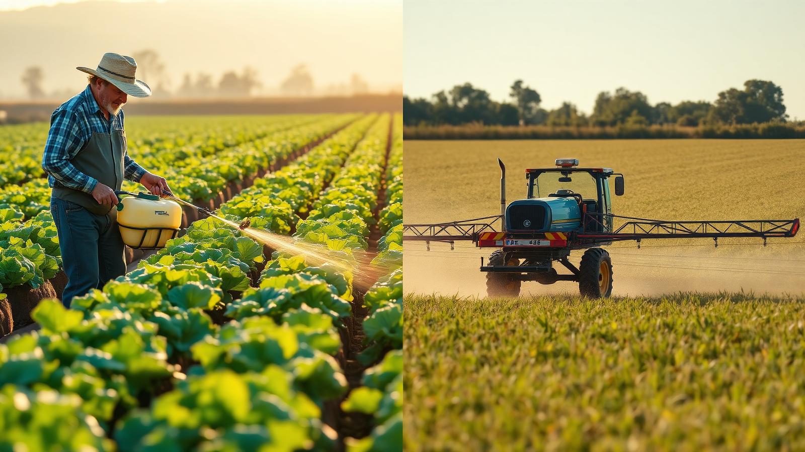 Split view of a farmer applying a biopesticide on vegetable rows and a modern boom sprayer applying conventional crop protection on a large field