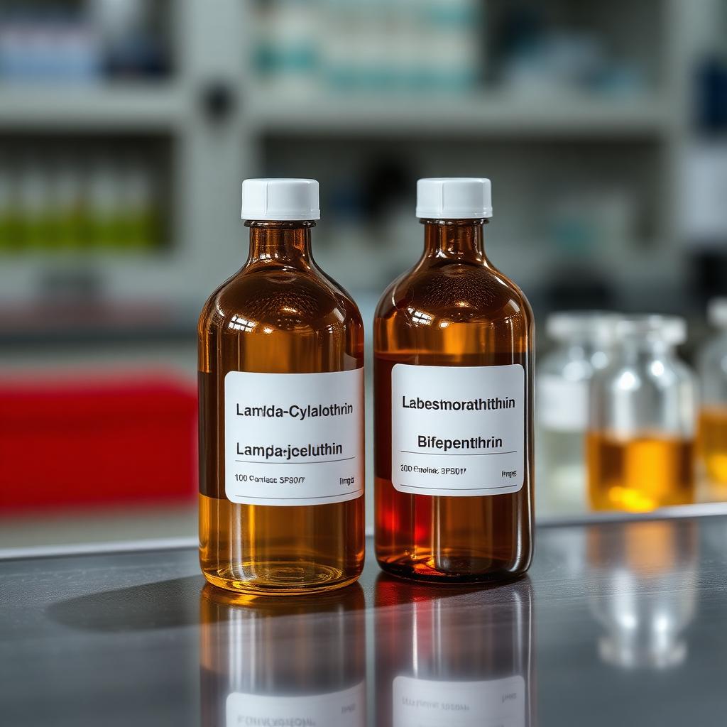 Side-by-side comparison of lambda-cyhalothrin and bifenthrin technical concentrate bottles in a laboratory