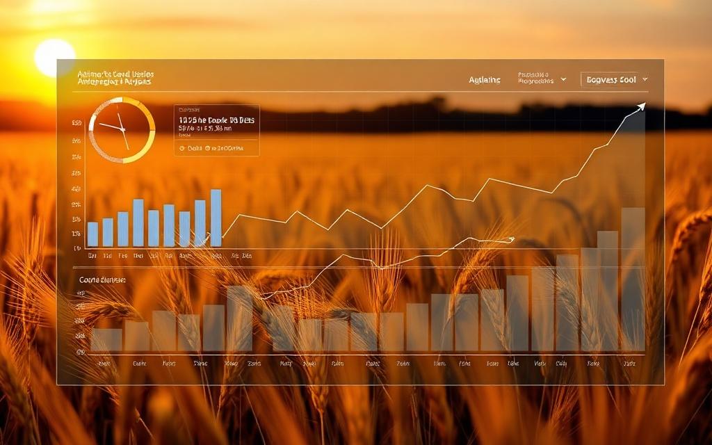 Upward trending market chart over a green agricultural field
