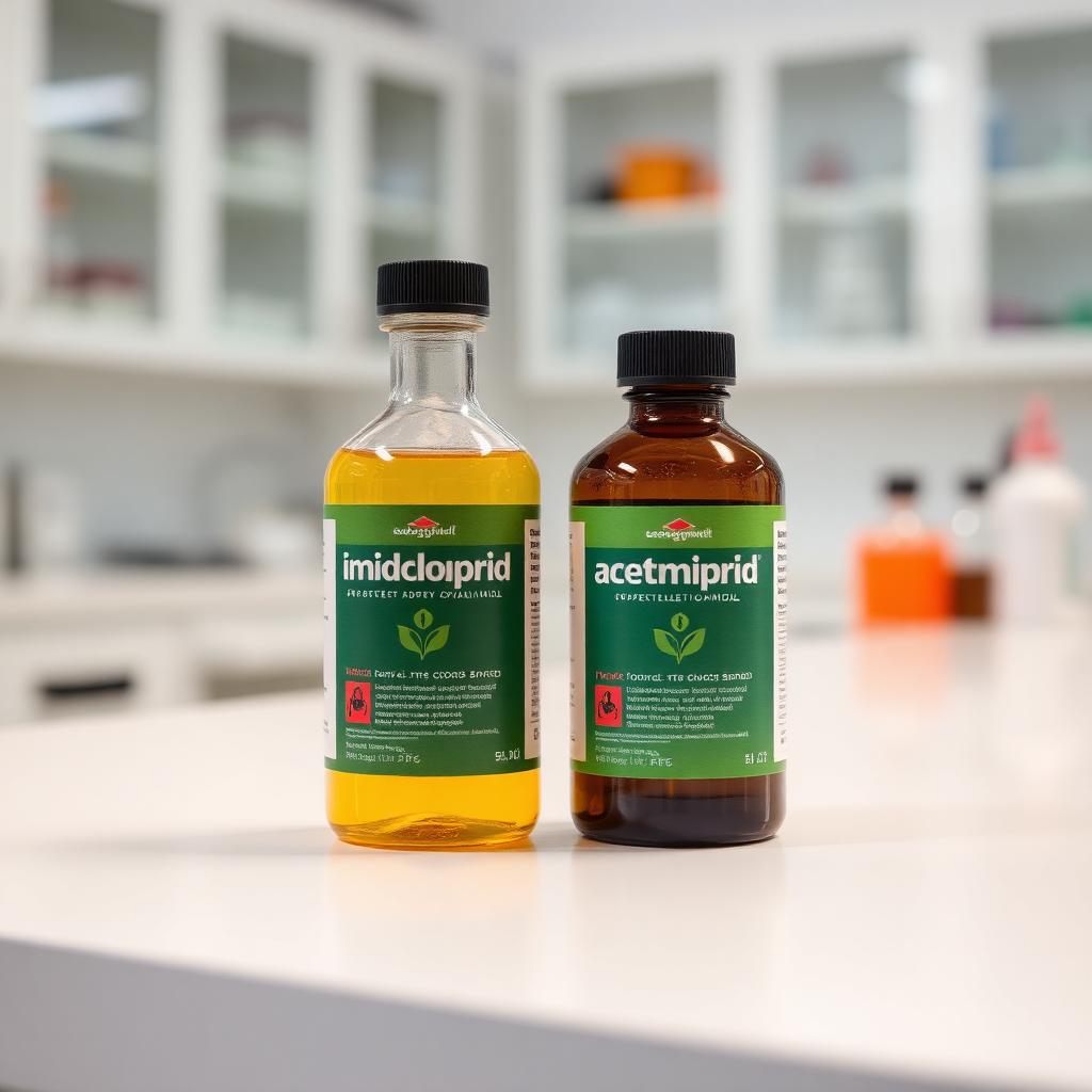 Imidacloprid and acetamiprid technical concentrate bottles side by side on a laboratory bench