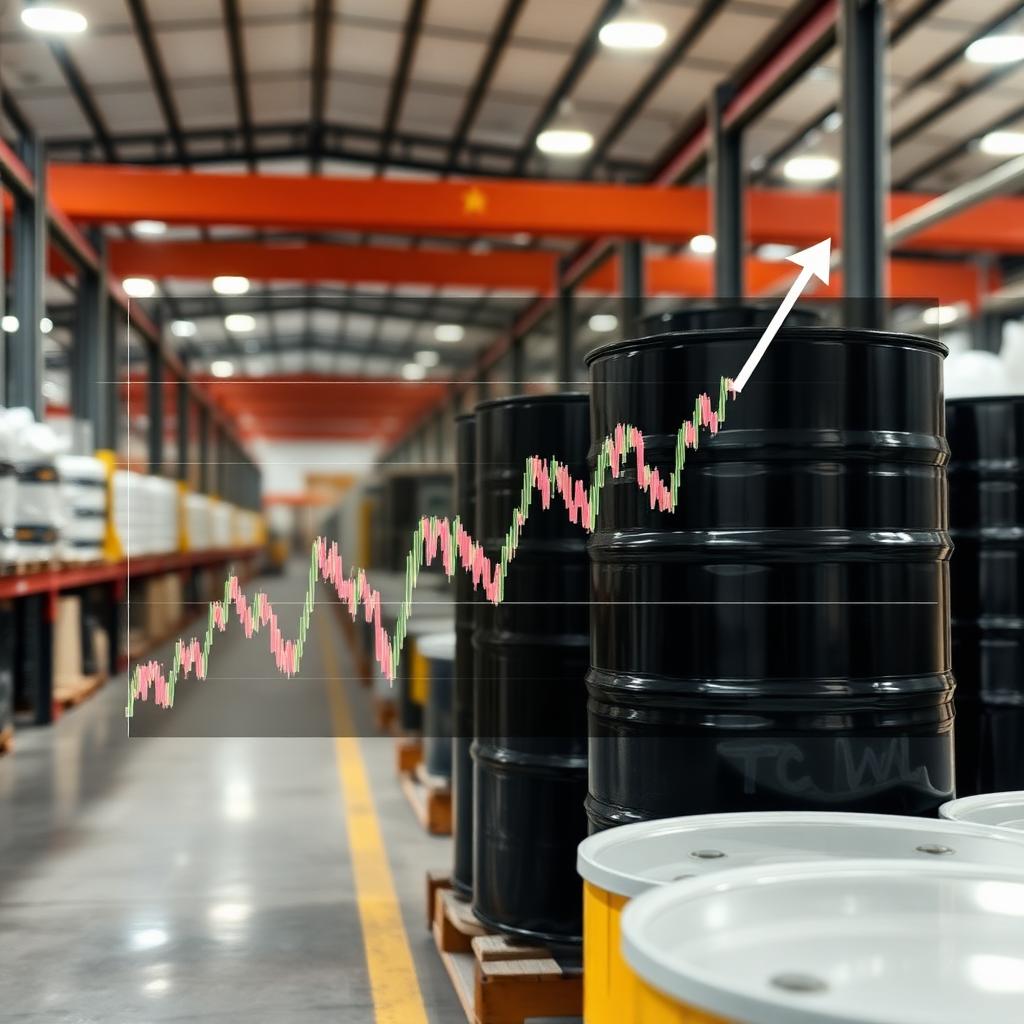 Pyrethroid technical concentrate drums in a Chinese factory warehouse with a price trend chart overlay