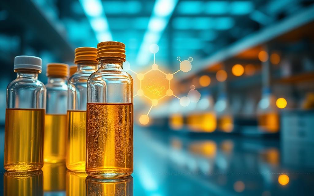 High-purity pyrethroid technical concentrate in laboratory vials with molecular structure overlay