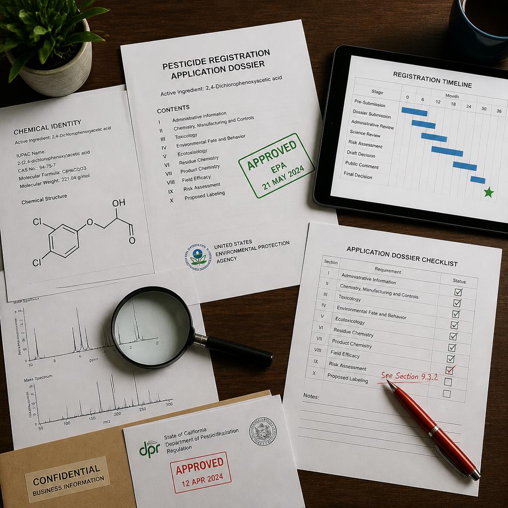 Regulatory dossier folders with chemical structure diagrams and approval stamps