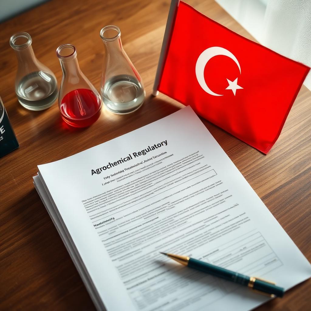 Agrochemical regulatory documents and Turkish flag on a desk