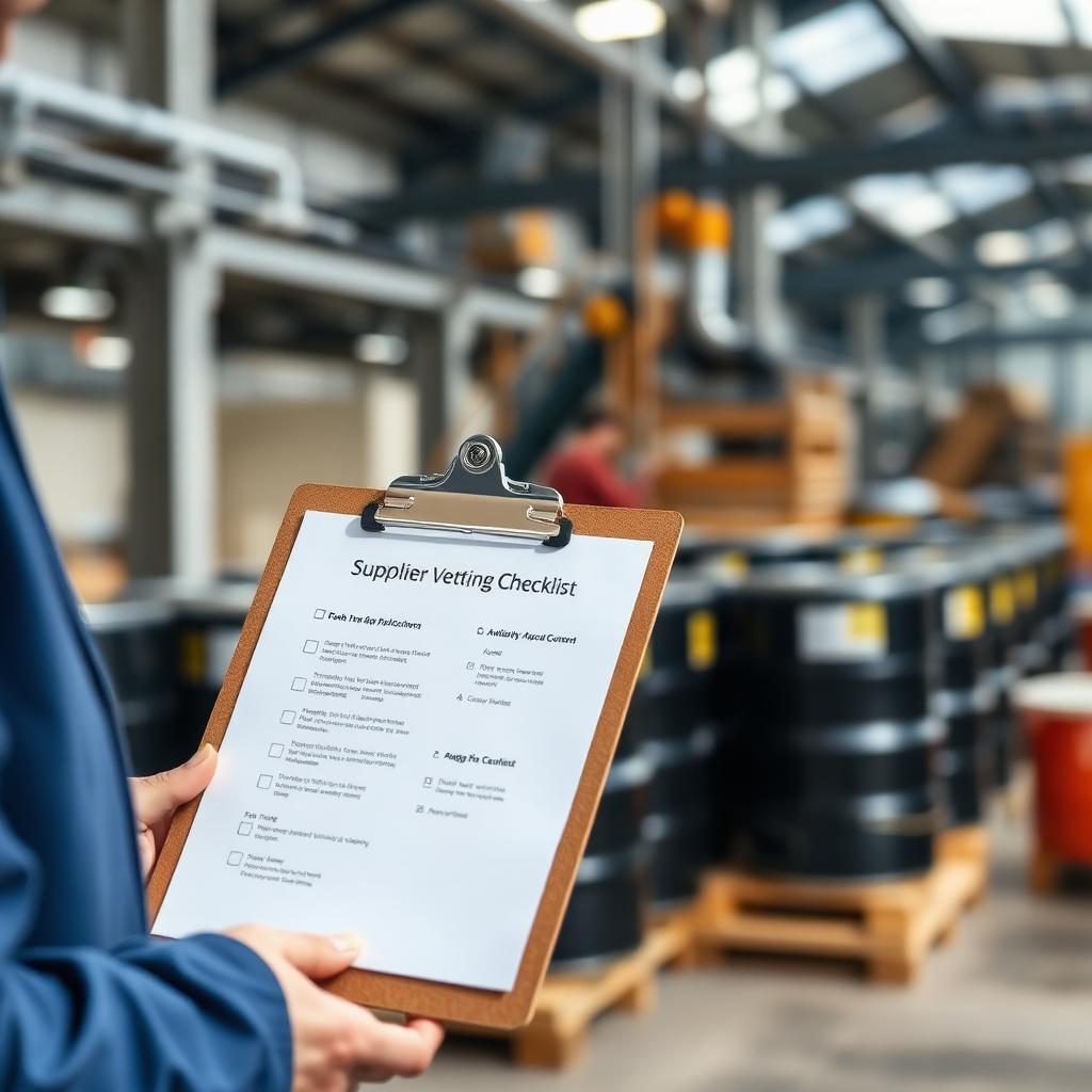 Procurement manager holding a supplier vetting checklist inside an agrochemical factory warehouse