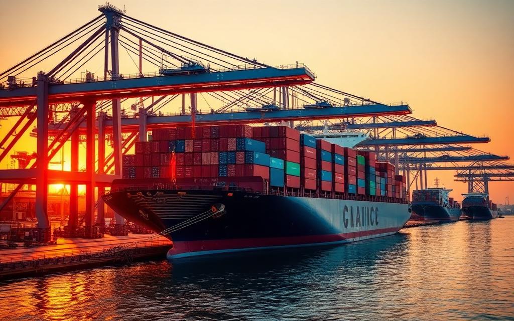 Container yard at golden hour symbolising global supply chain